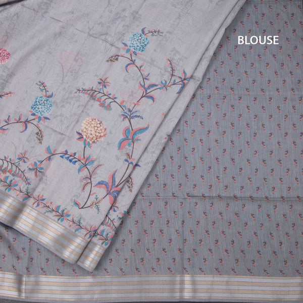 Raw Silk Light Grey Floral Printed Saree And Zari Border