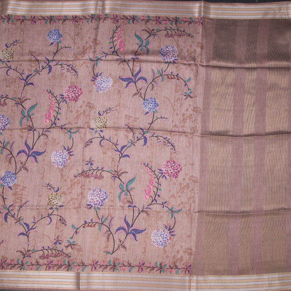 Raw Silk Light Brown Floral Printed Saree And Zari Border