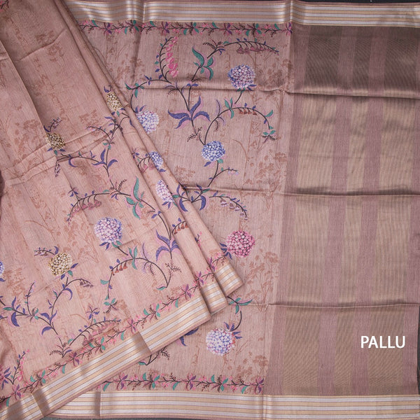 Raw Silk Light Brown Floral Printed Saree And Zari Border