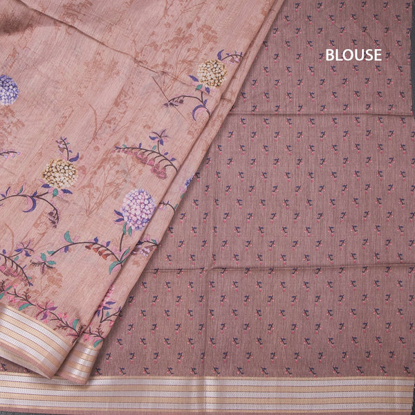 Raw Silk Light Brown Floral Printed Saree And Zari Border