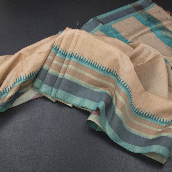 Raw Silk Sandal Plain Saree And Printed Temple Border
