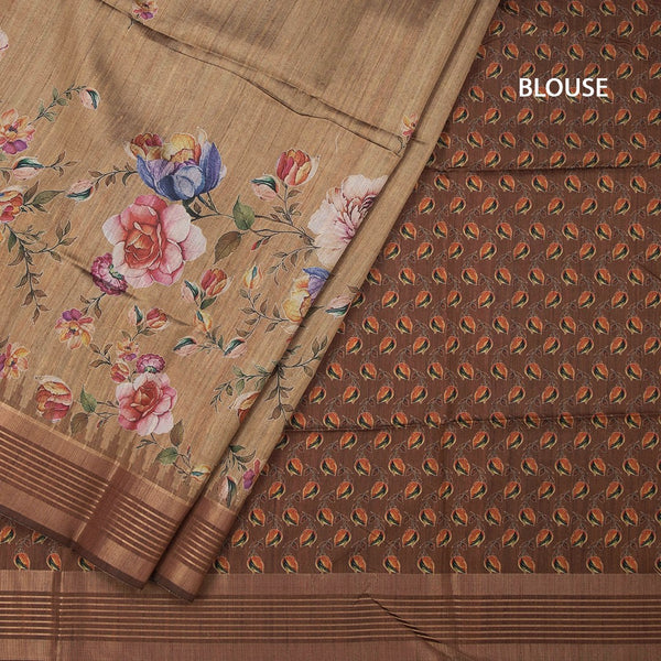 Raw Silk Golden Brown Floral Printed Saree And Zari Border