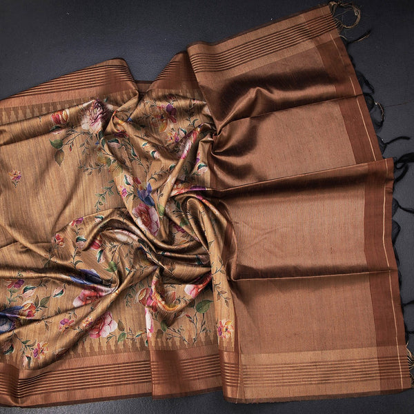 Raw Silk Golden Brown Floral Printed Saree And Zari Border