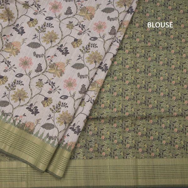 Raw Silk Grey Floral Printed Saree And Zari Border 02
