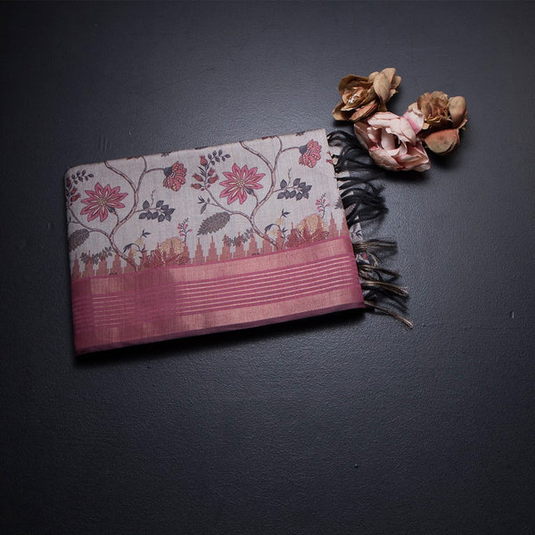 Raw Silk Light Grey Floral Printed Saree And Zari Border 02