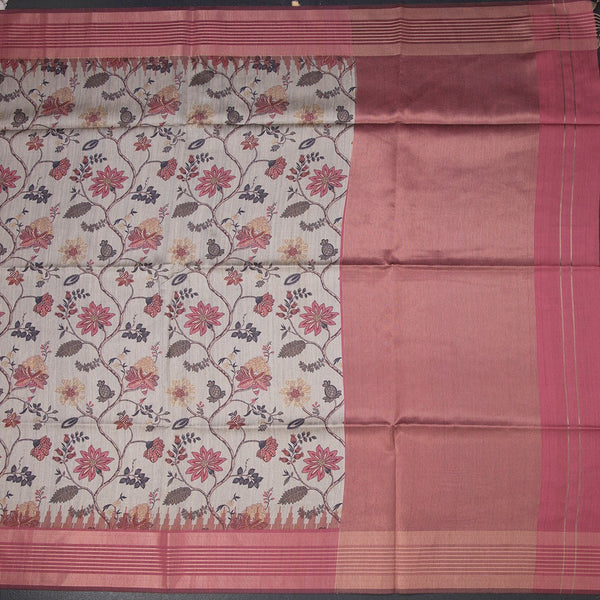 Raw Silk Light Grey Floral Printed Saree And Zari Border 02