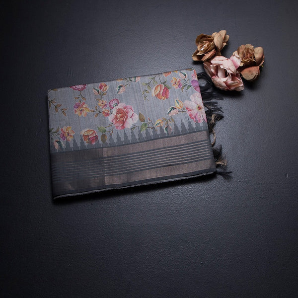 Raw Silk Fossil Grey Floral Printed Saree And Zari Border