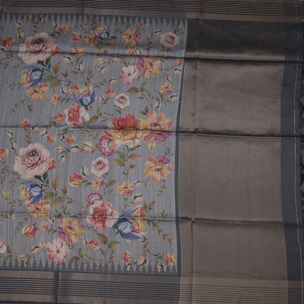 Raw Silk Fossil Grey Floral Printed Saree And Zari Border