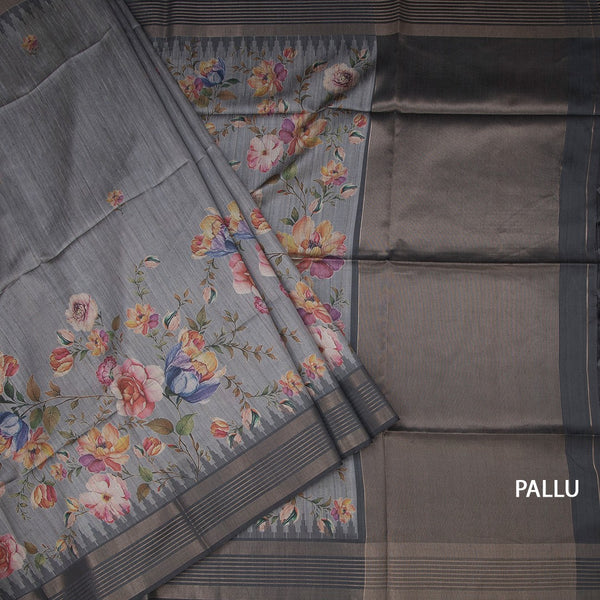Raw Silk Fossil Grey Floral Printed Saree And Zari Border