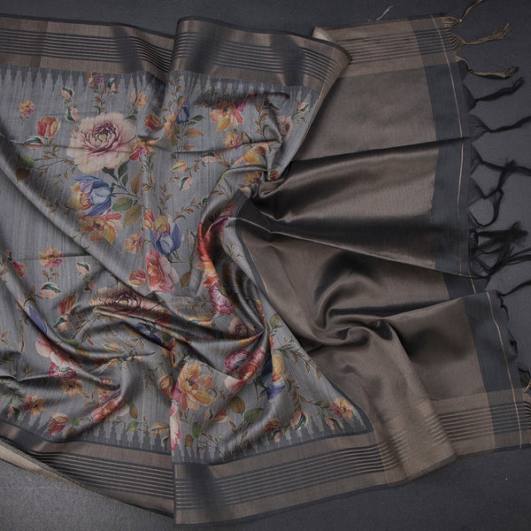 Raw Silk Fossil Grey Floral Printed Saree And Zari Border