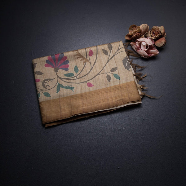 Raw Silk Golden Brown Floral Printed Saree And Zari Border 02