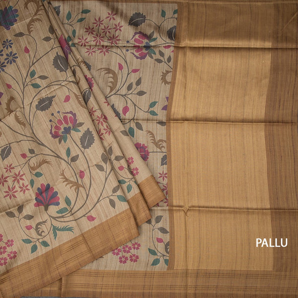 Raw Silk Golden Brown Floral Printed Saree And Zari Border 02