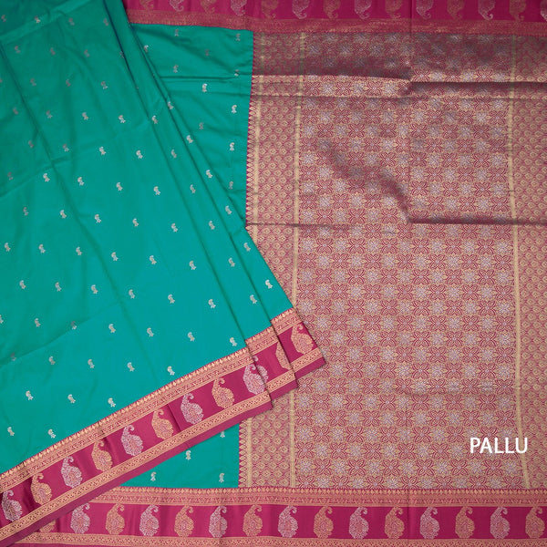Art Silk Peacock Green Saree With Zari Buttas And Mango Border