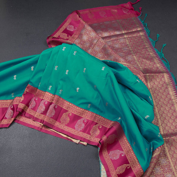 Art Silk Peacock Green Saree With Zari Buttas And Mango Border