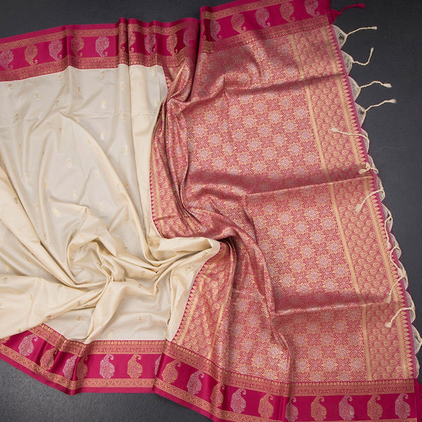 Art Silk Cream Saree With Zari Buttas And Mango Border