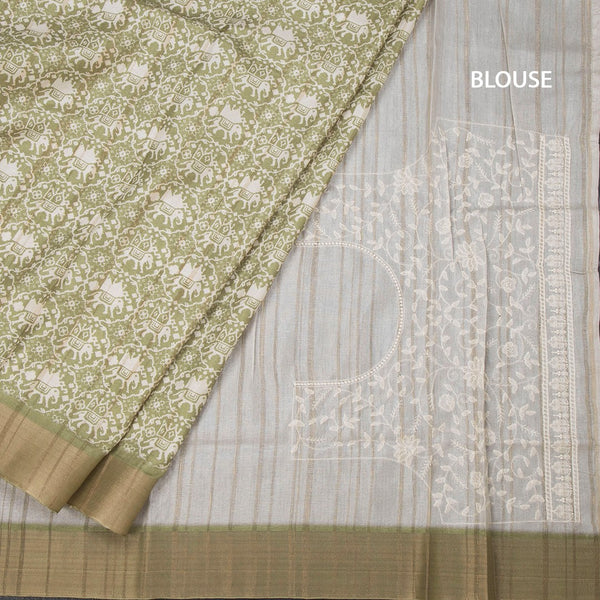 Raw Silk Green Printed Saree And Zari Border