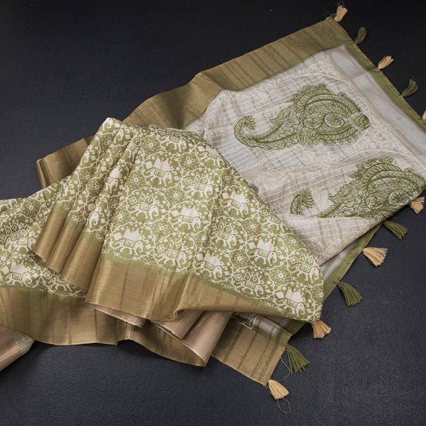 Raw Silk Green Printed Saree And Zari Border