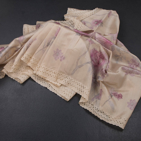 Raw Silk Cream Floral Printed Saree And Thread Cut WorkBorder