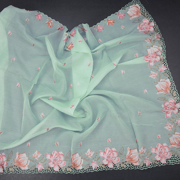 Kota Mint Green Floral Thread Work Saree And Cut Work Border