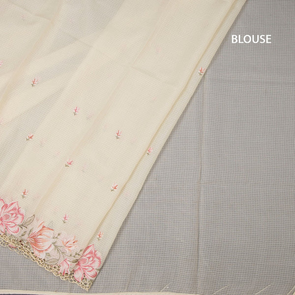Kota Cream Floral Thread Work Saree And Cut Work Border