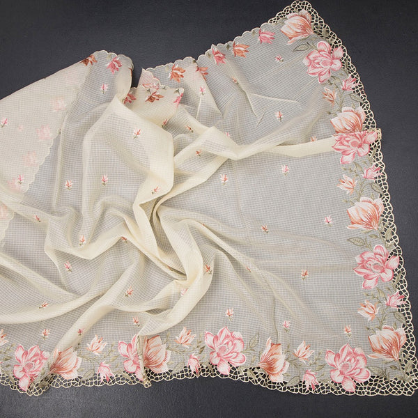 Kota Cream Floral Thread Work Saree And Cut Work Border