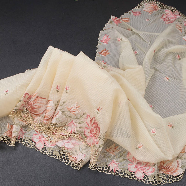 Kota Cream Floral Thread Work Saree And Cut Work Border