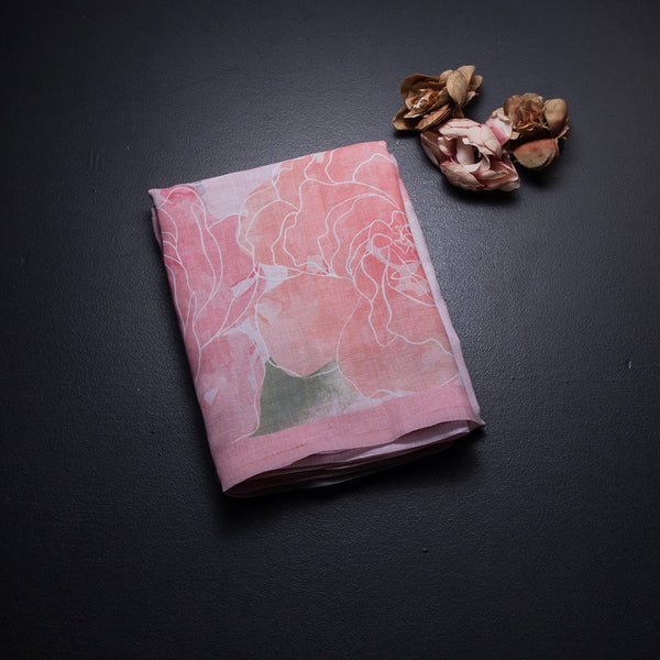 Linen Light Pink Borderless Floral Printed Saree