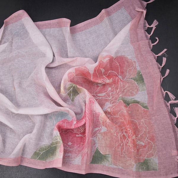 Linen Light Pink Borderless Floral Printed Saree
