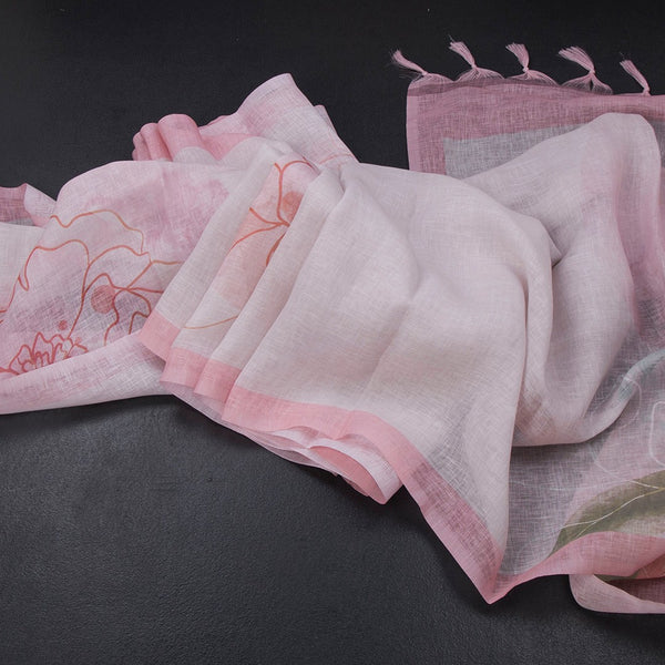 Linen Light Pink Borderless Floral Printed Saree