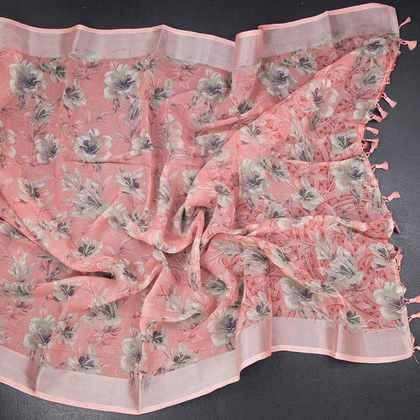 Semi Linen Peach Floral Printed Saree 02