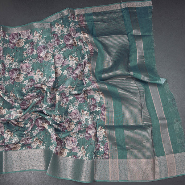 Semi Linen Teal Green Floral Printed Saree 03