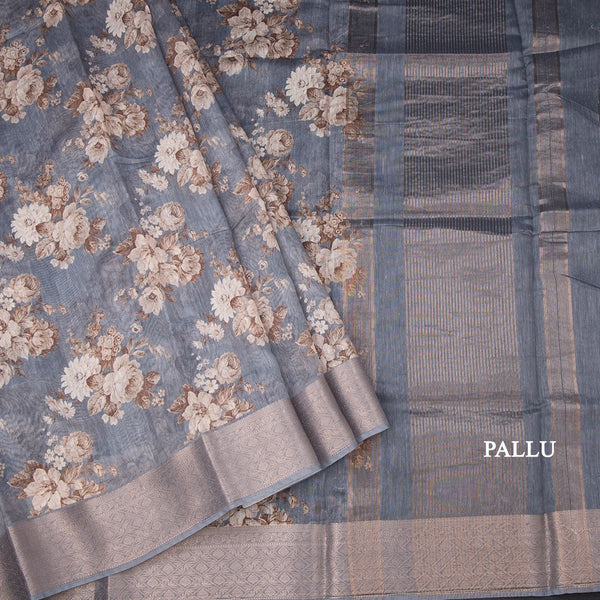 Semi Linen Grey Floral Printed Saree 09