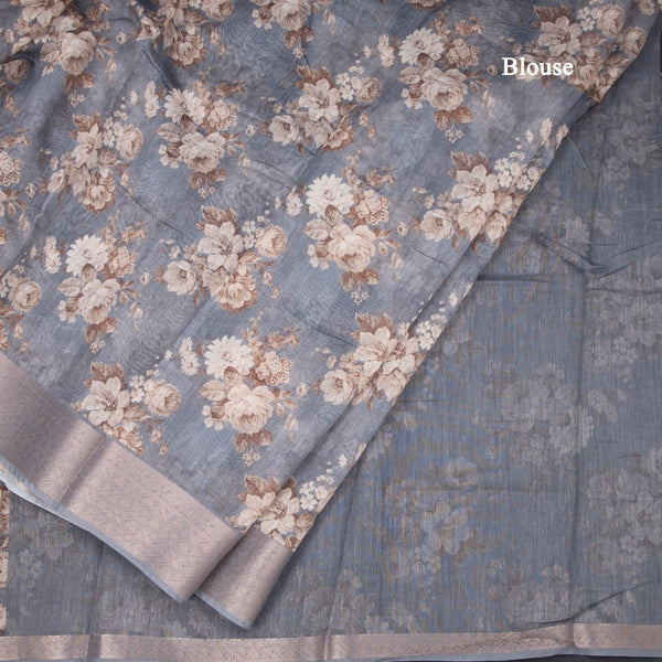 Semi Linen Grey Floral Printed Saree 09