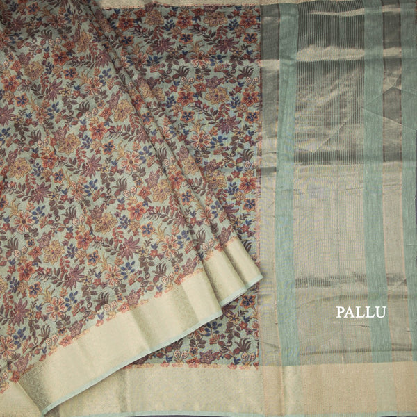 Semi Linen Pista Green Floral Printed Saree 03