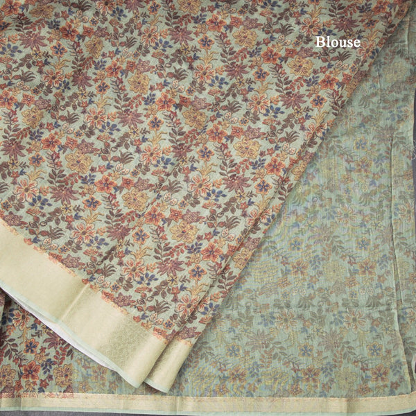 Semi Linen Pista Green Floral Printed Saree 03