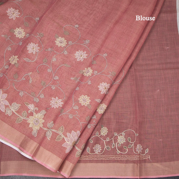 Semi Linen Dark Peach Saree With Painted Zari Thread Work