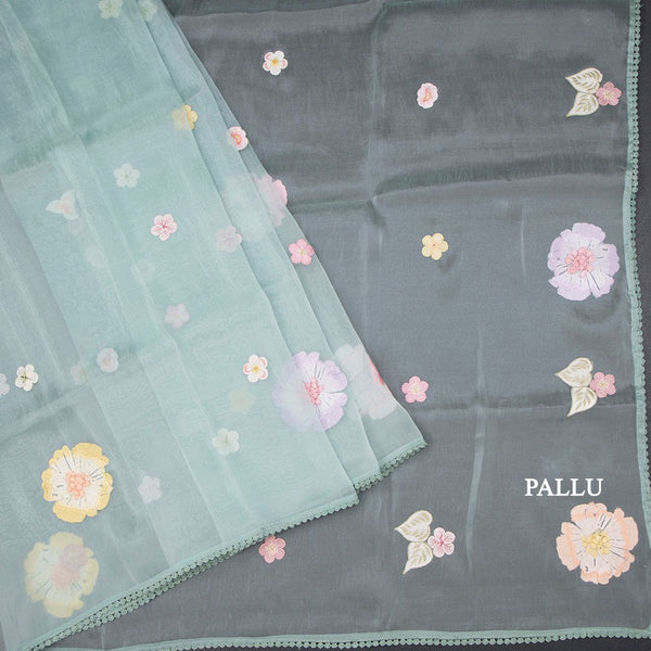 Soft Tissue Pista Green Floral Thread Work Saree
