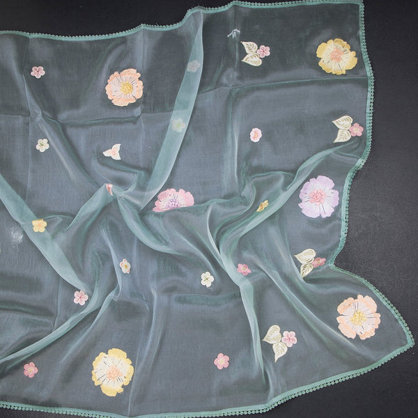 Soft Tissue Pista Green Floral Thread Work Saree