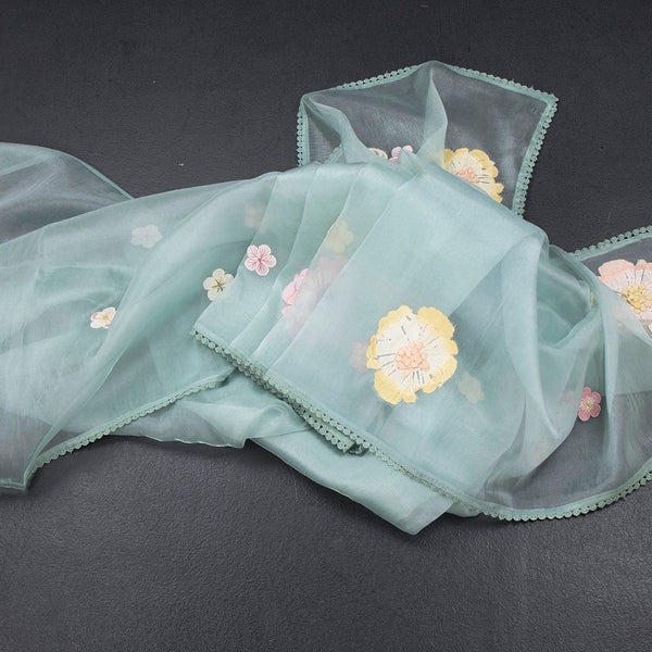 Soft Tissue Pista Green Floral Thread Work Saree