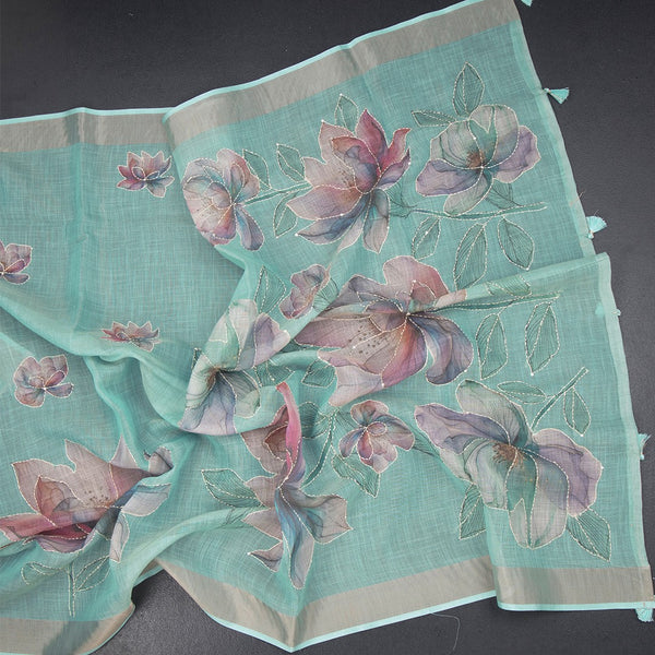 Semi Linen Mint Green Floral Painted With Thread Work Saree