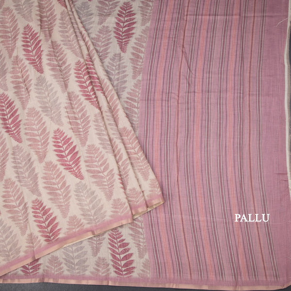 Semi Raw Silk Cream Leaf Printed Saree 03