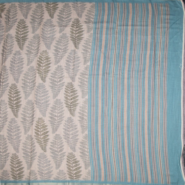 Semi Raw Silk Cream Leaf Printed Saree 04