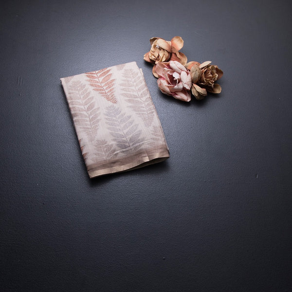 Semi Raw Silk Cream Leaf Printed Saree 05