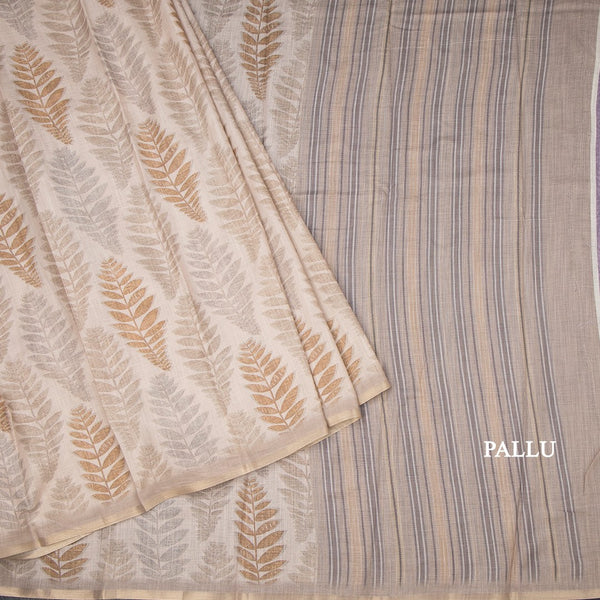 Semi Raw Silk Cream Leaf Printed Saree 05