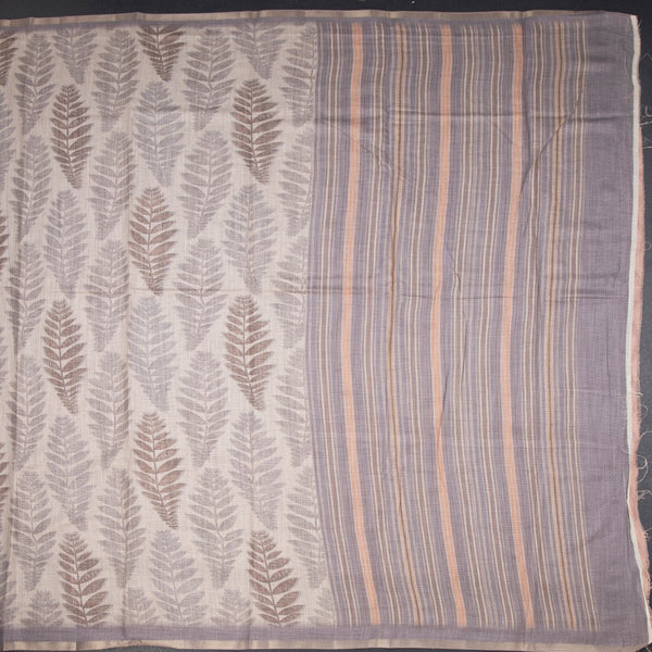 Semi Raw Silk Cream Leaf Printed Saree 06