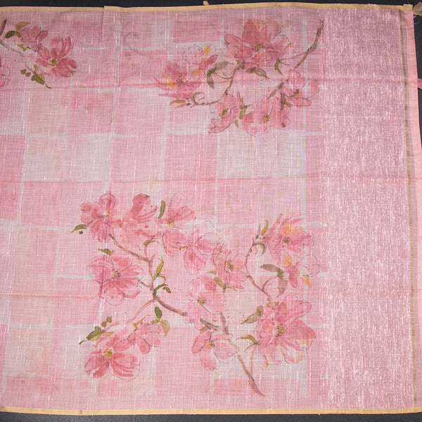 Semi Linen Rose Pink Floral Printed Saree