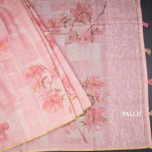 Semi Linen Rose Pink Floral Printed Saree