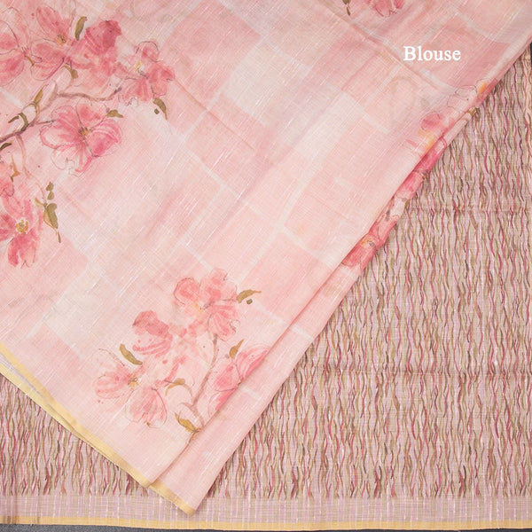 Semi Linen Rose Pink Floral Printed Saree