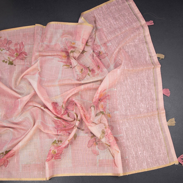 Semi Linen Rose Pink Floral Printed Saree