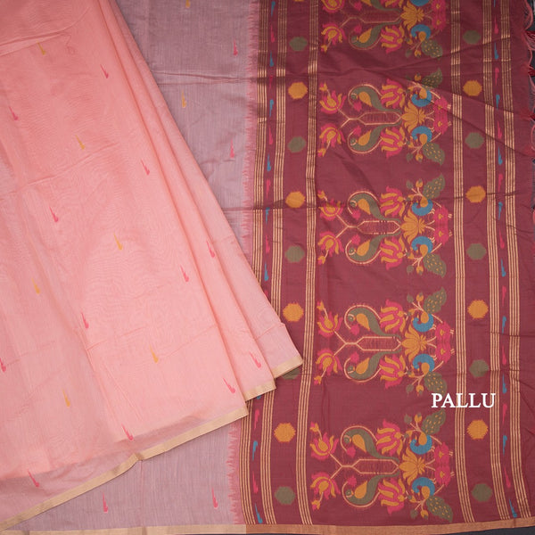Semi Linen Peach Thread Work Saree